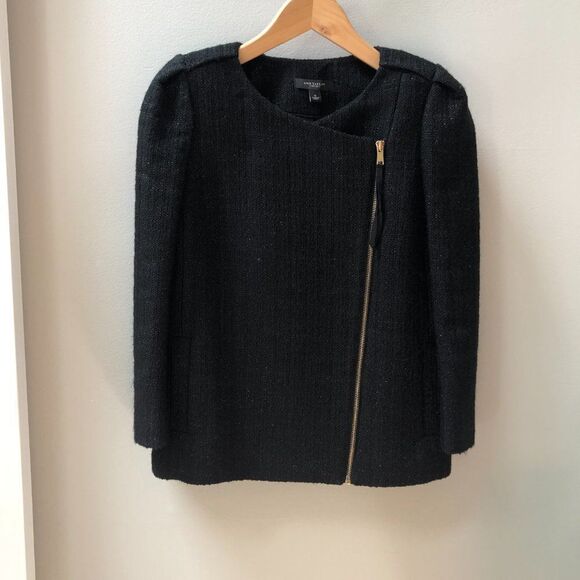 Ann Taylor Black Gold Metallic Wool Blend Tweed Jacket Asymmetric Zipper size 6 - Picture 2 of 8